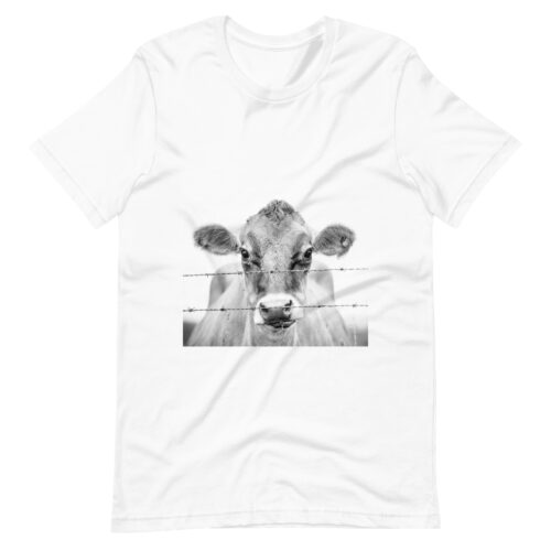 White t-shirt with a close-up picture of a cows face on front.