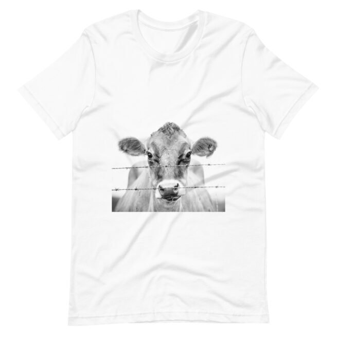 White t-shirt with a close-up picture of a cows face on front.